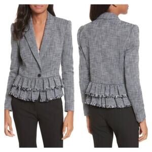 Rebecca Taylor Slub Ruffled-Peplum Suiting Jacket Size 10 Gray/Black Combo